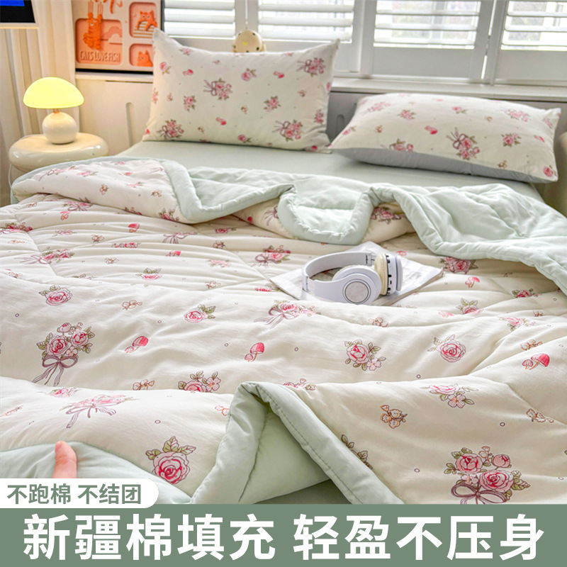 Algodón lavado de verano, edredón de aire acondicionado de algodón puro de Xinjiang, edredón delgado lavable a máquina, edredón fresco de verano simple y doble, juego de cuatro piezas