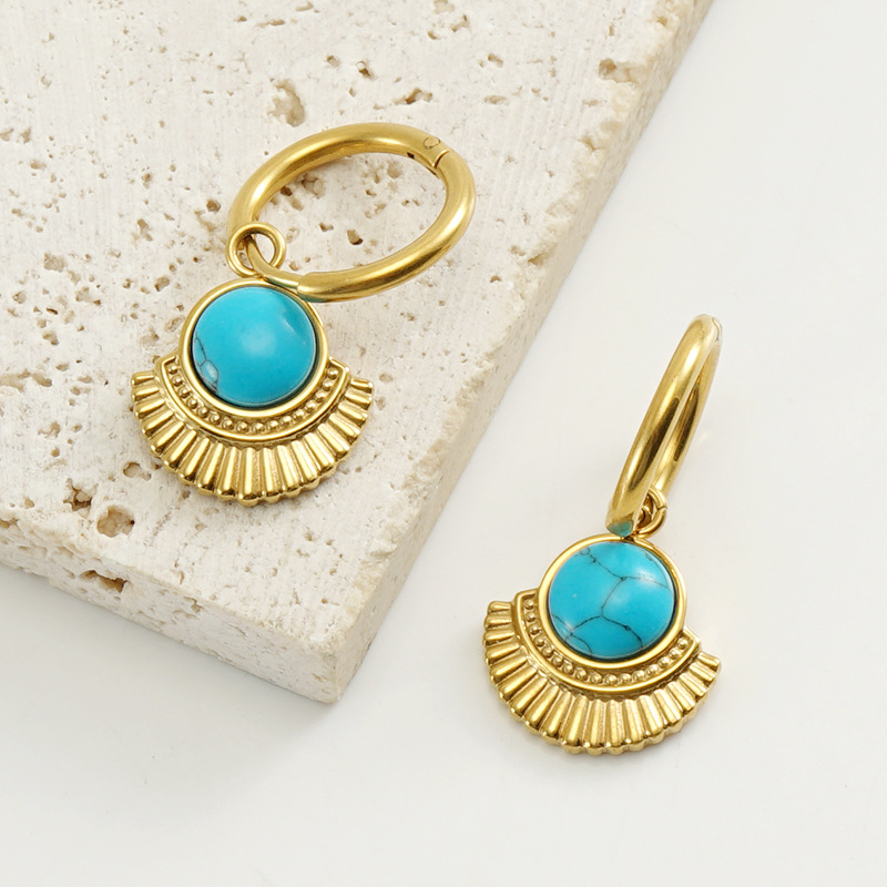 1 Pair Simple Style Round Sector Plating Inlay 304 Stainless Steel Turquoise 18K Gold Plated Drop Earrings display picture 4