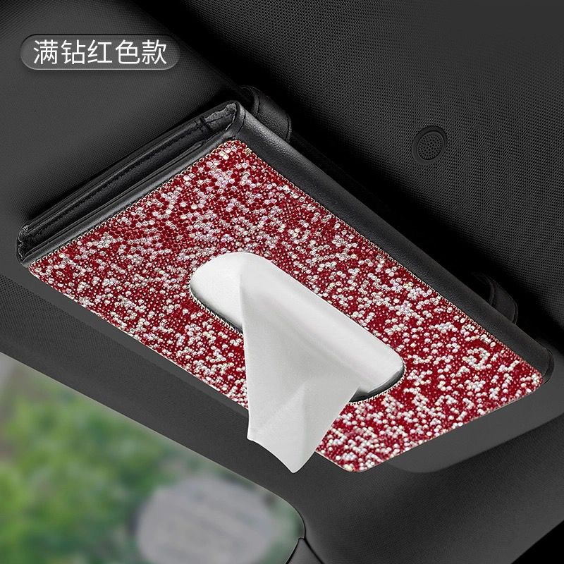 Caja de pañuelos de visera de coche asiento trasero de cuero clip de tejido incrustado de diamantes de imitación de mujer de moda creativa caja de pañuelos de coche