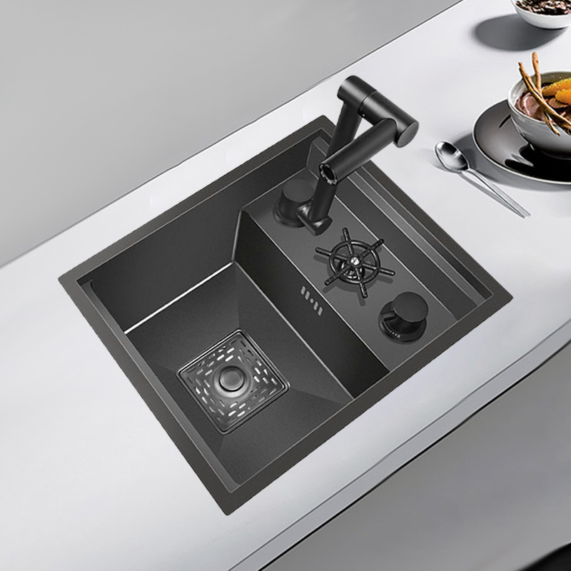Invisible Kitchen Bar Sink Black Nano Stainless Steel Island Hidden Covered Rv Single Sink Vegetable Basin