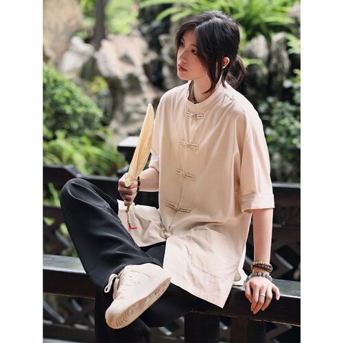 New Chinese Style Shirt: Zhongshan Suit for Men and Women, Summer Hemp Cotton Stylish Chinese Style Retro Five-Finger Middle Sleeve Collar Shirt Tang Suit