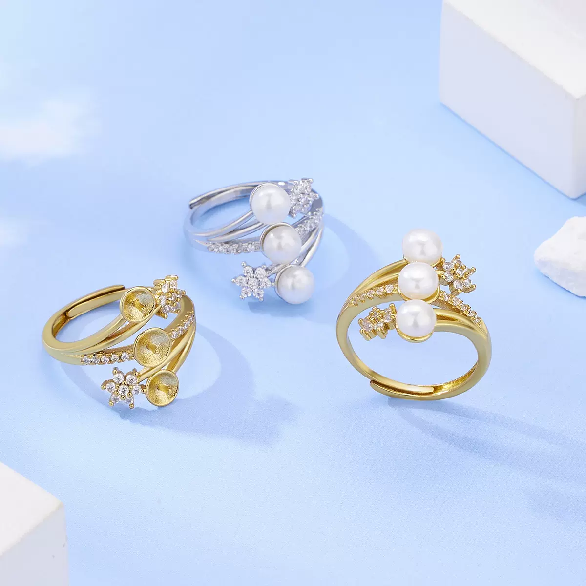 天然淡水珍珠锆石戒指铜镀金多珠时尚可调节指环创意手饰现货批发