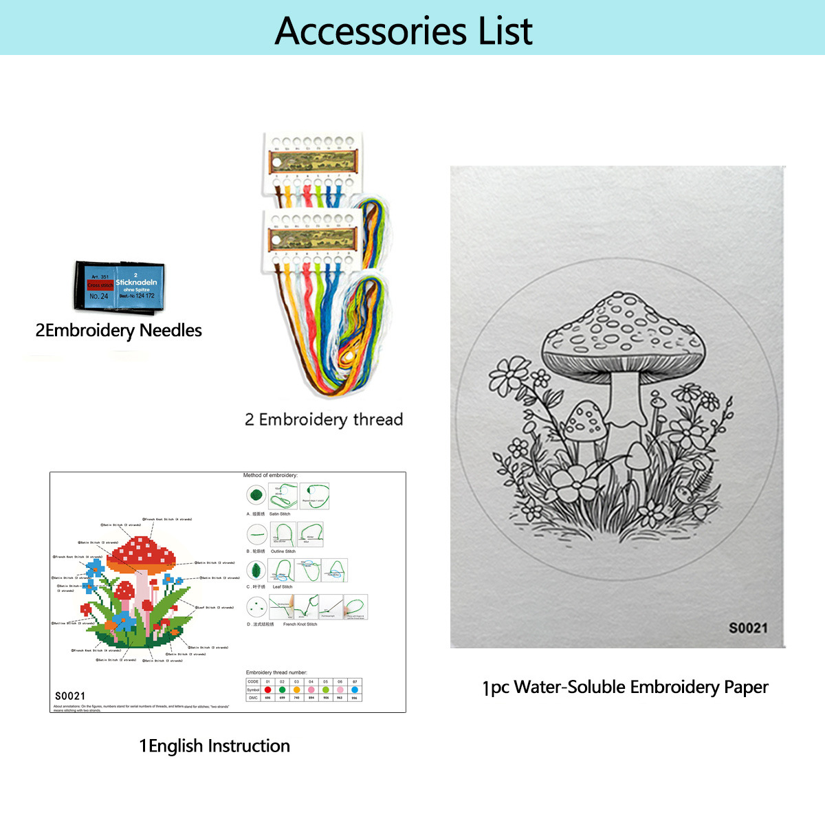 Setas tempranas en la mañana (1 hoja de papel soluble en agua + suficiente hilo de bordado + dos agujas)