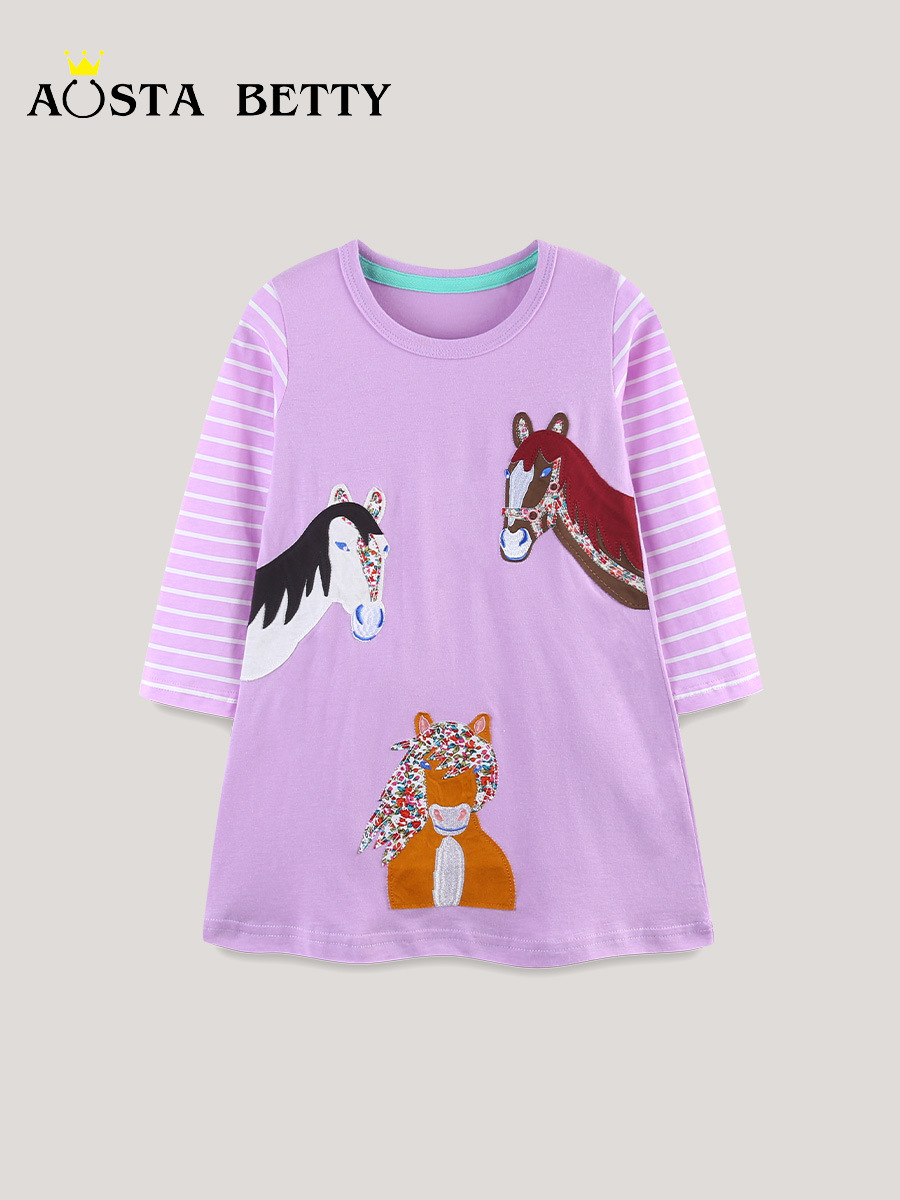 Europa y América de moda falda de niños otoño nuevo vestido de niñas de cuello redondo bordado de algodón de punto falda de mangas largas
