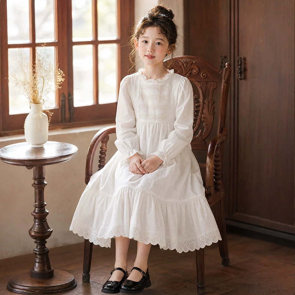 Girls' dress, spring/autumn 2026, white, ruffled collar, lace trim, long sleeves, literary style, cotton maxi dress for middle and older children.