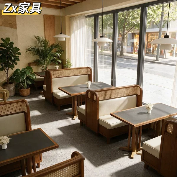 Rustic-style restaurant table and chair booth combination, themed western restaurant wall-side booth, tea restaurant and hotel booth sofa