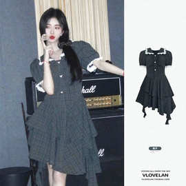 茶歇法式娃娃领格子连衣裙子女夏季不规则设计甜辣收腰拖尾蛋糕裙