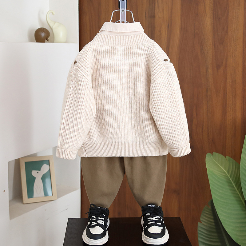 7071 traje de primavera para niños traje de tres piezas 2025 primavera y otoño nuevo estilo chaqueta de punto atractivo para niños bebé