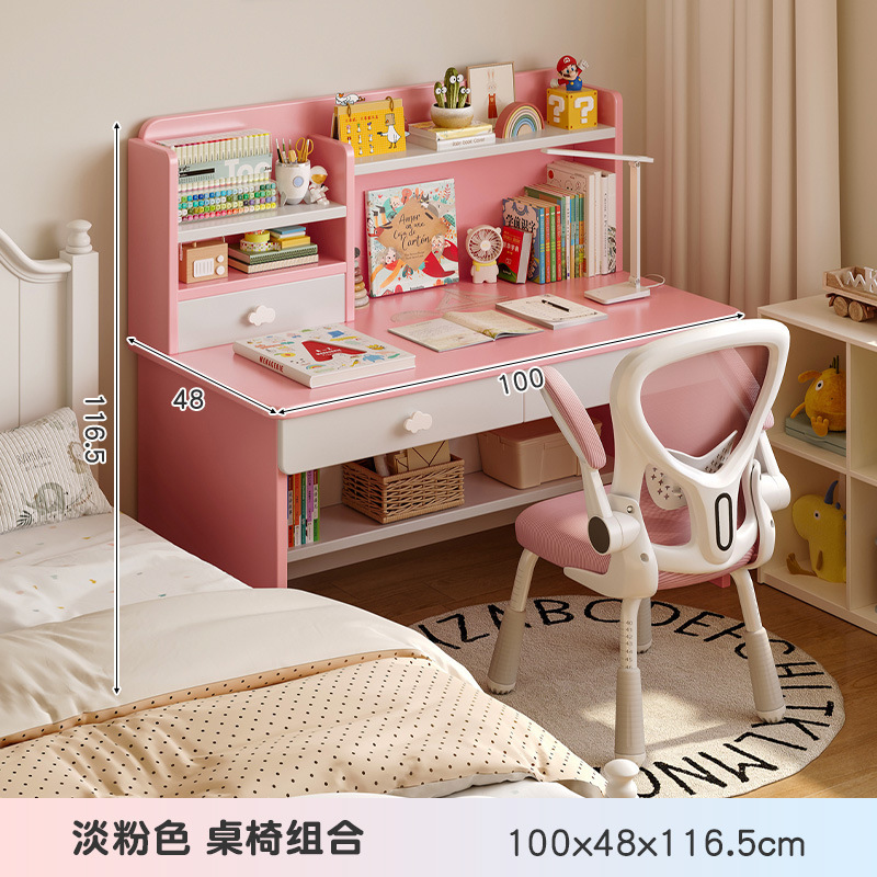 Escritorio de madera para niños, estantería, escritorio integrado, escritorio de estudio, dormitorio en casa para estudiantes de primaria, juego de escritorio y silla para niñas