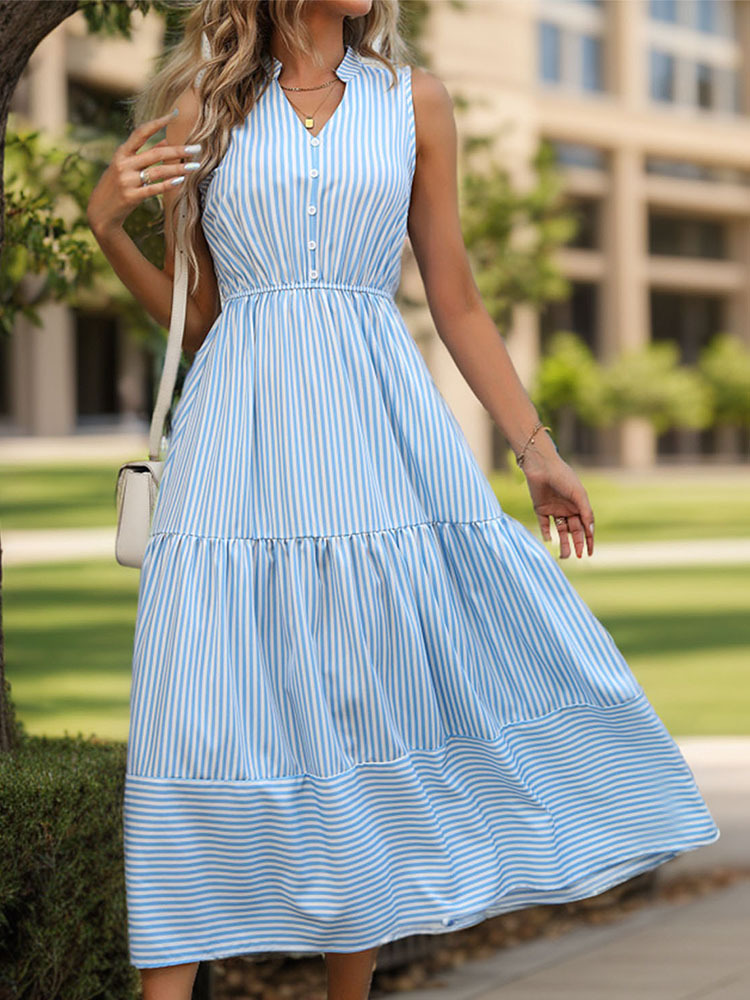 Summer Long Dress Women Clothing Vertical Stripes Sleeveless Dress