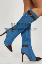 跨境独立站ins时尚走秀牛仔布拼接短靴女鞋Long Boots Jeans