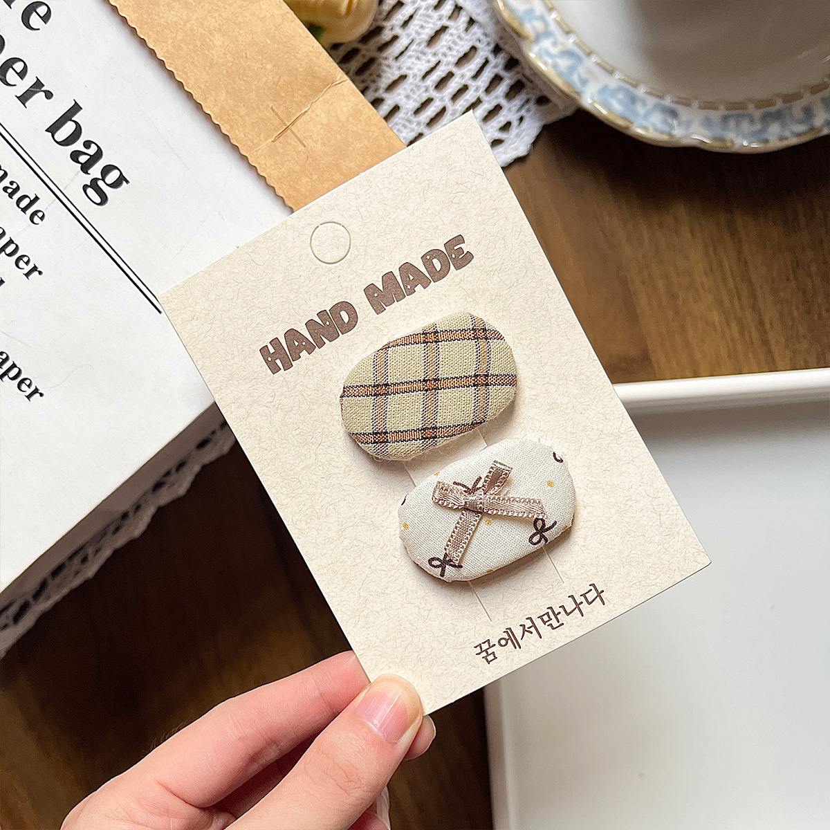 Brown White Plaid Butterfly Hairpin