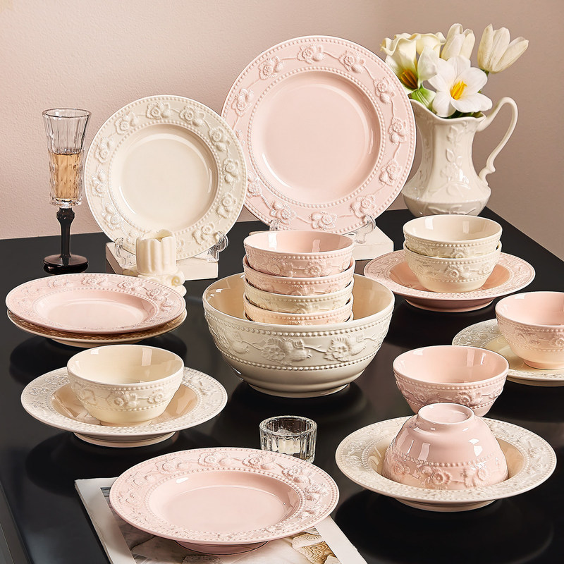 Embossed Cream-Style Bowl and Plate Set for Home Use, Ceramic Deep Plates, Shallow Plates, Fish Plates, High-Value Bowls and Plates Tableware