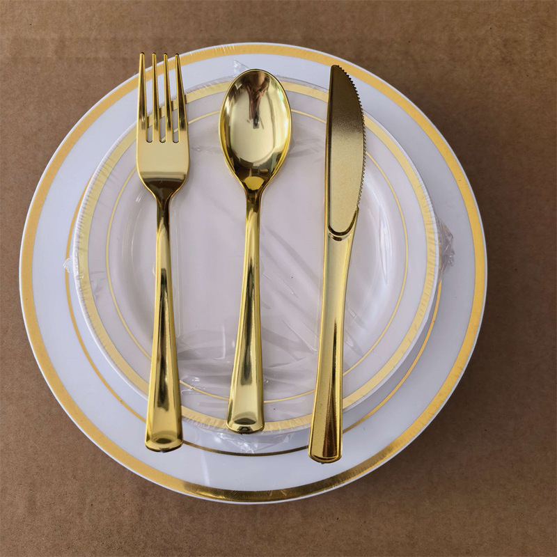 Gold-rimmed plate, silver and rose gold double-sided plate, PS disposable plastic dinner plate set with knife, fork, and spoon, birthday party set