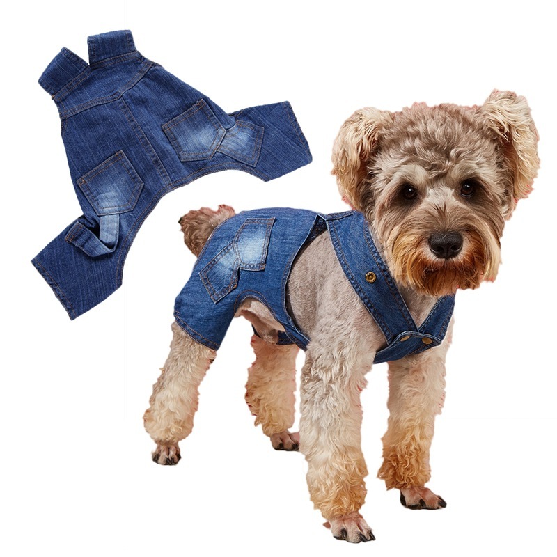 Factory wholesale soft denim suspenders pet clothes jumpsuit four-legged autumn and winter VIP teddy dog clothes