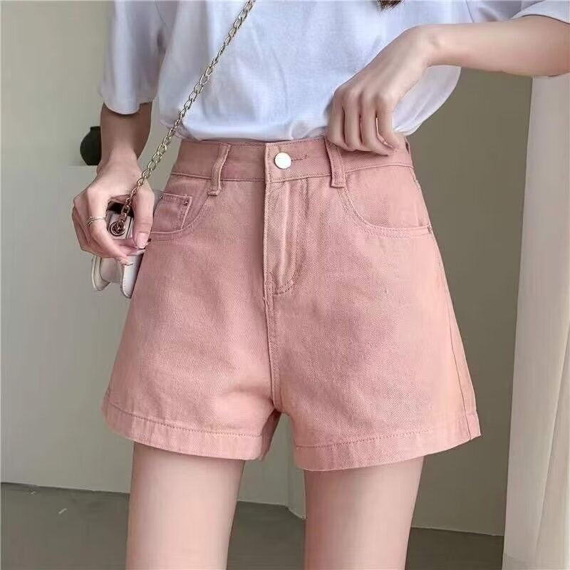 Trendy Pink Denim Shorts for Women, Summer New High-Waisted A-Line Slimming Loose Fit, Popular on Instagram, Rolled Hem Hot Pants
