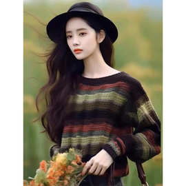 春秋新款欧货独特别致毛衣今年流行漂亮拼色条纹洋绒针织打底衫女