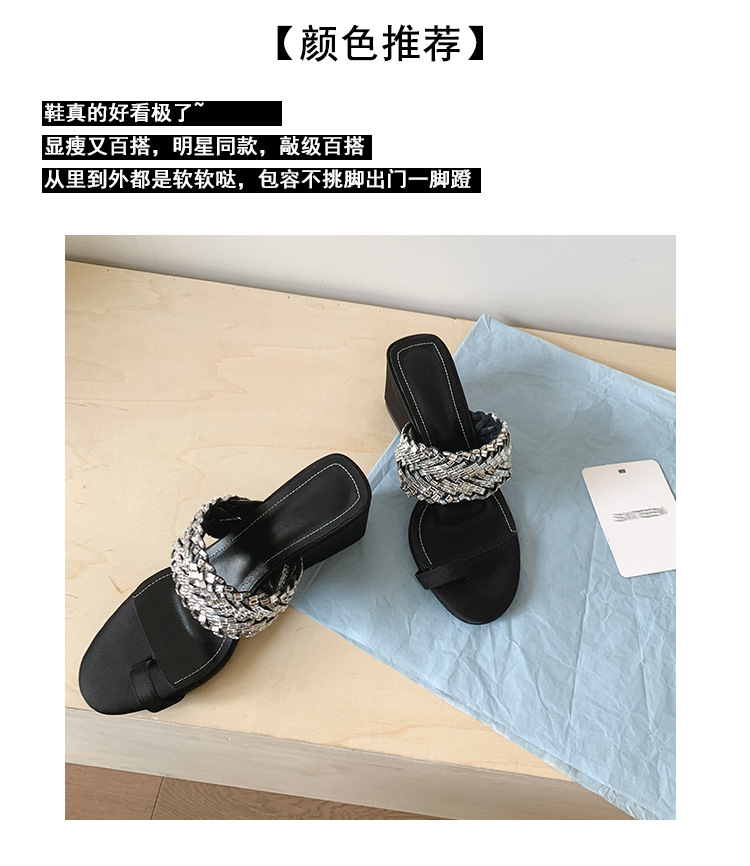 Dép xỏ ngón đế xuồng cao gót đính đá kiểu Pháp, hở mũi, dệt kim, mùa hè — Màu đen chi tiết 4