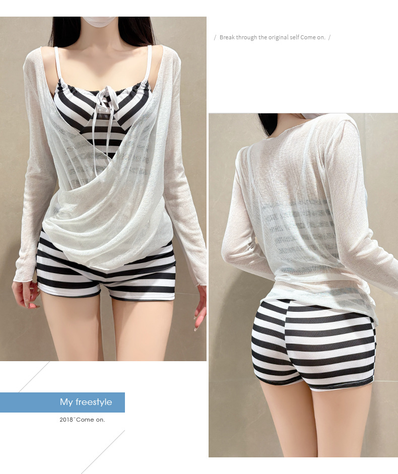 Retro Streifen Bikini Set Mit Langarm Cover Up Für Damen_voghion.com