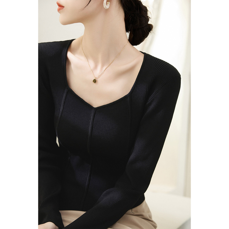 Slimming Design Sense New Style Inner Base Shirt Top Women's Spring Arrow V-Neck Long-Sleeved Slim-Fit Knitted Sweater