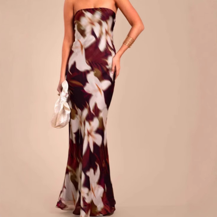 Women's Clothing Summer Sexy Strapless Printed Dress For Women Style Slim Fit Long Skirt Elegant Sophisticated_ecoleips.com