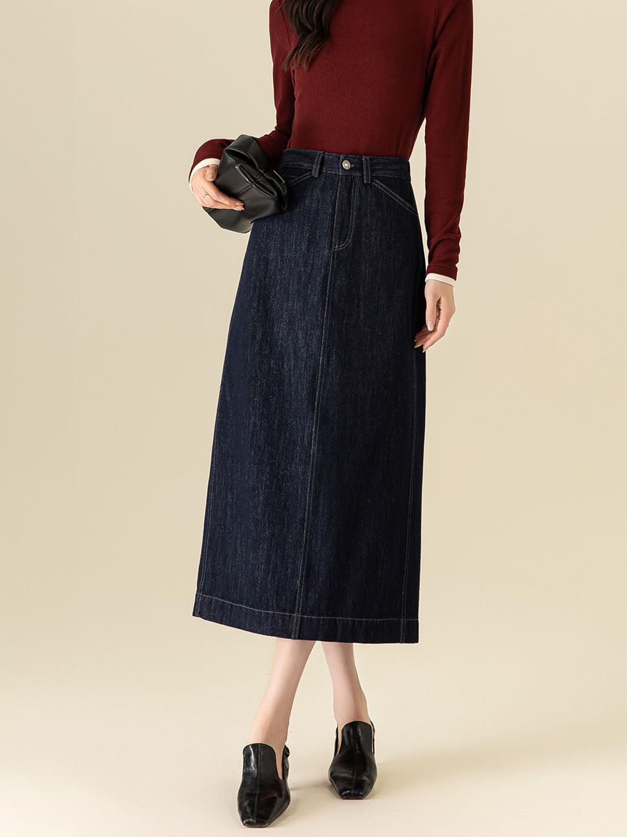 Chân váy jean nữ dài cạp cao co giãn dáng chữ A — Màu xanh denim