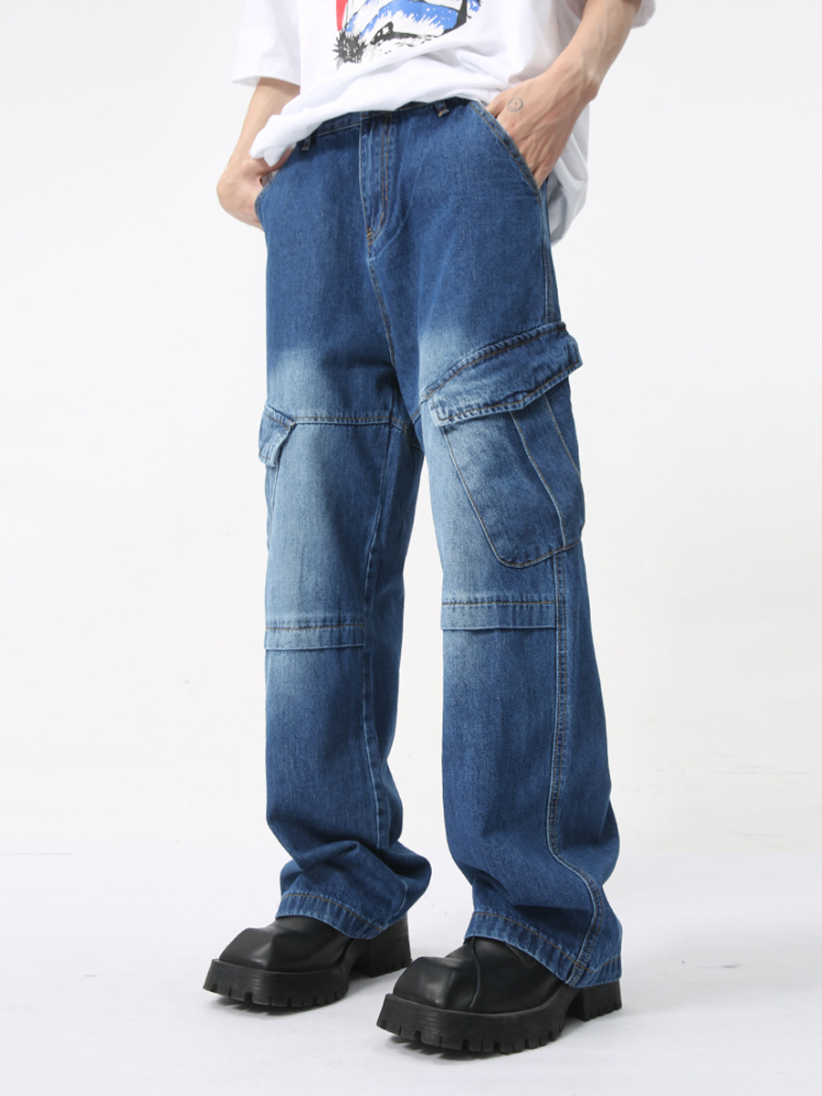 MTLCLOTHES para hombre | 2024 verano nuevo producto deconstrucción de nicho de bolsillo grande azul oscuro jeans de trabajo blanco