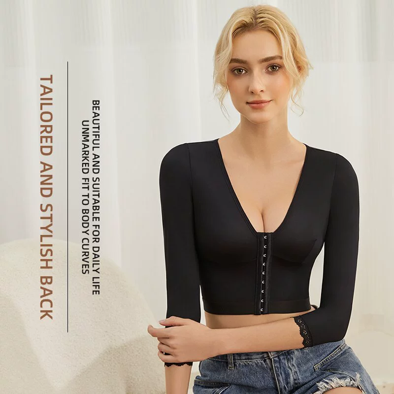 Европейский и американский топ с V-образным вырезом, регулируемый, для коррекции фигуры, для йоги и фитнеса, с пуговицами спереди, можно носить как нижний слой или верхнюю одежду, с кружевной отделкой, рукава три четверти, размер 8