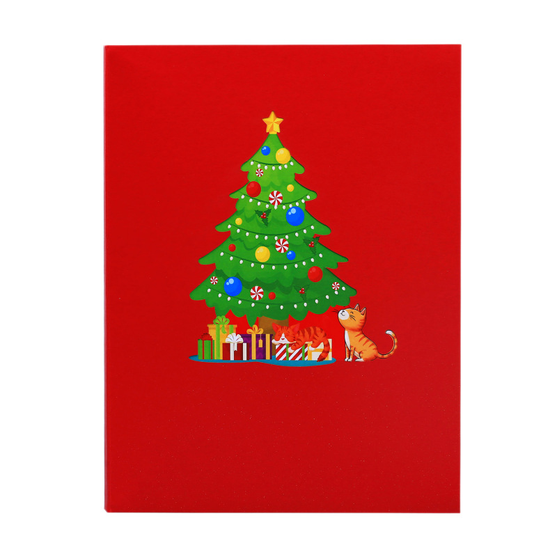 跨境立体音乐灯光圣诞贺卡圣诞树猫咪场景纸雕礼物节日手工祝福卡|undefined