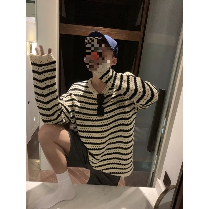 Autumn and Winter Social Boy Korean Style Hollow Knitted Design Striped Sweater Design Niche