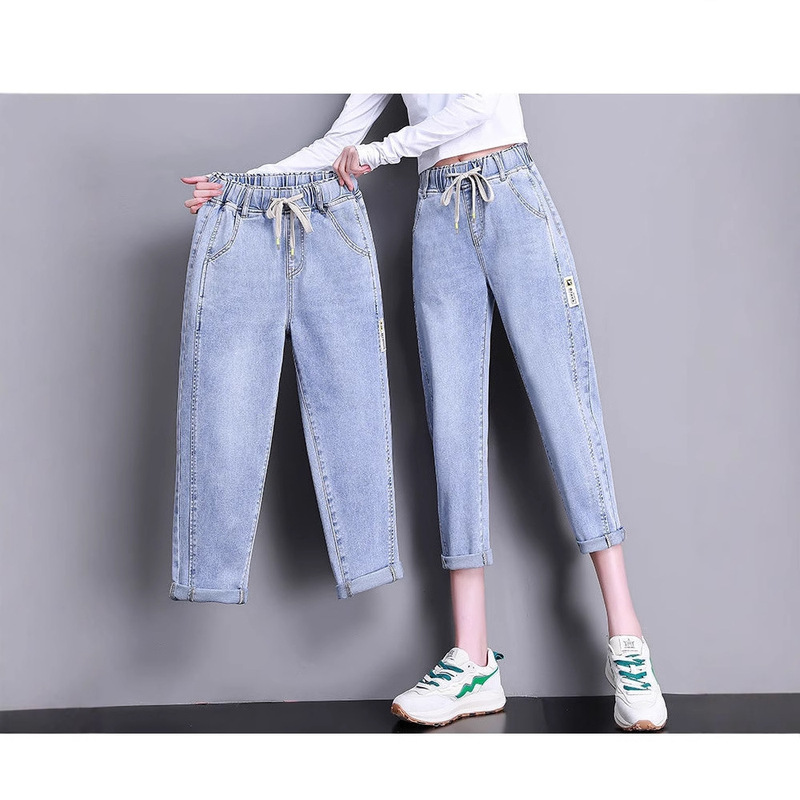 Short Cropped Jeans Women's Thin High Waist plus size Slim Look Harem Pants Light Color Elastics Waist Loose Carrot Pants