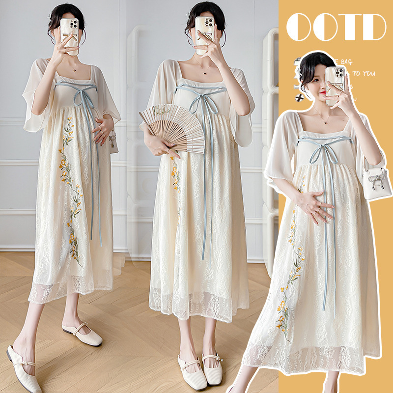 Real shot maternity 2025 new national style embroidery lace Chinese clothing long pregnant women dress Real shot maternity 2025 new national style embroidery lace Chinese clothing long pregnant women dress