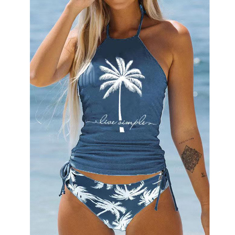 23 Years Amazon Neck-Hanging Coconut Tree Printed Strap Swimsuit plus size Conservative Belly Covering Women Split Bikini