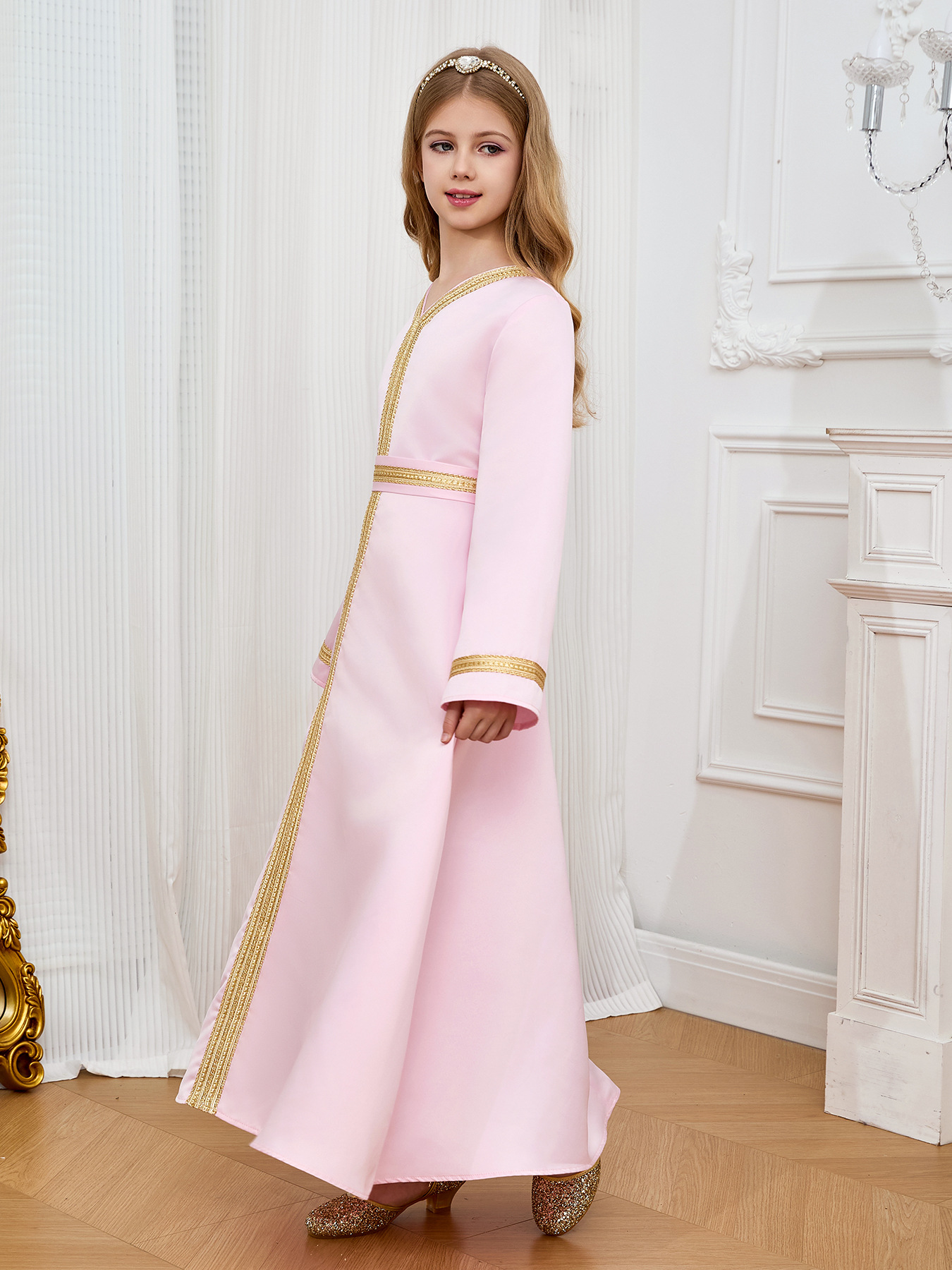 Niños de costura nacional característica ropa de color sólido vestido largo vestido rosa vestido de moda de encaje