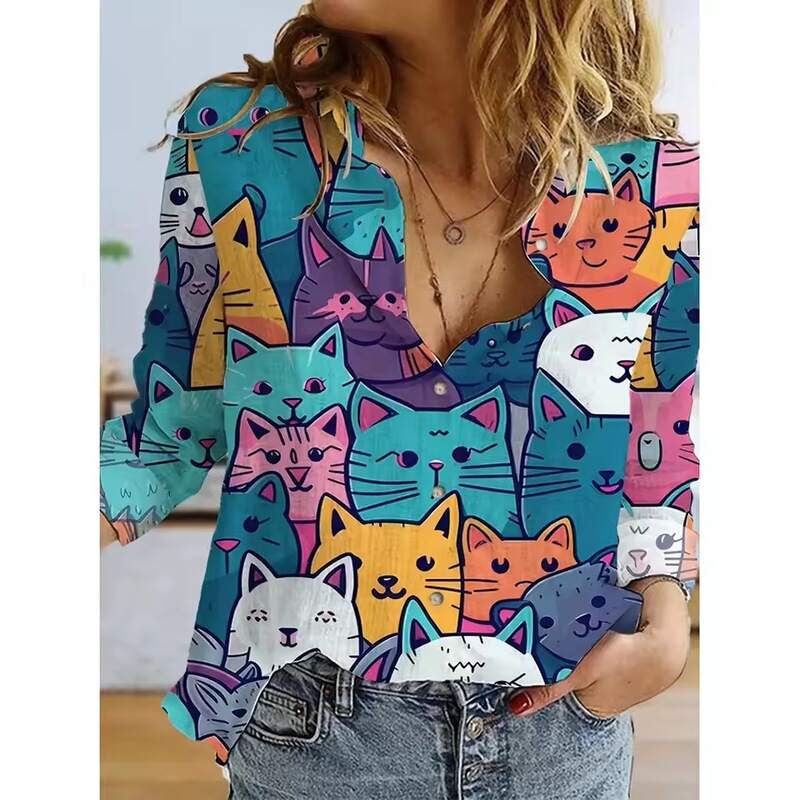 2025 Ladies Single Breasted Shirt 3D Cute Animal Print Long Sleeve Shirt Fashion Top Lapel Shirt 2025 Ladies Single Breasted Shirt 3D Cute Animal Print Long Sleeve Shirt Fashion Top Lapel Shirt