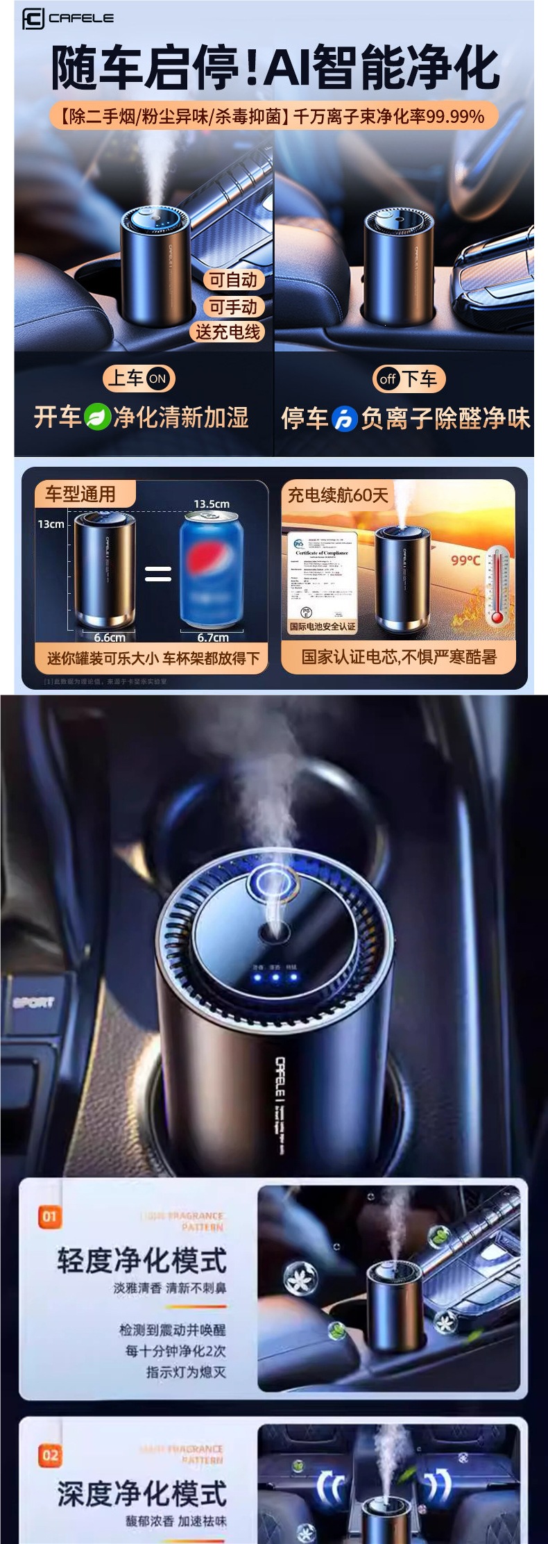 Car Air Purifier, New Car Odor Removal, Formaldehyde Removal, Car Spray Humidifier, Deodorizing Aromatherapy Machine