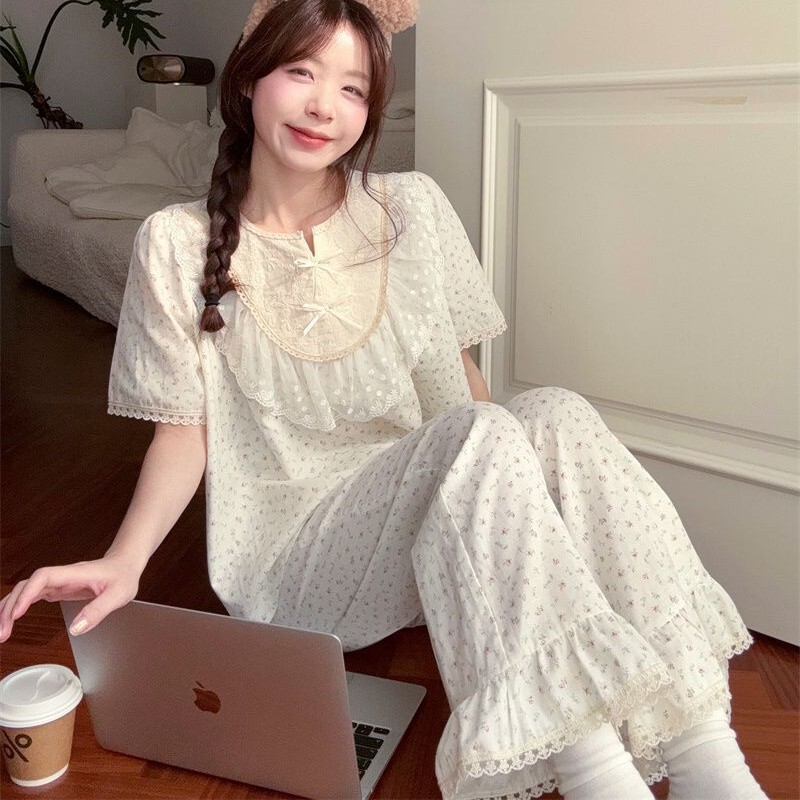 Japanese-style lace trim bow sweet girly thin pajamas for summer, high-appearance home wear for petite women