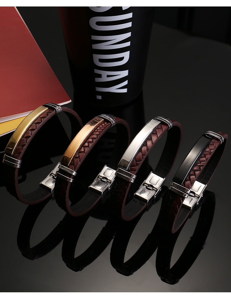16g Weight Bracelets Classification Retro Customization Laser Engraving Solid Color 304 Stainless Steel Pu Leather Men's Bracelets Men Cord & Leather Bracelets