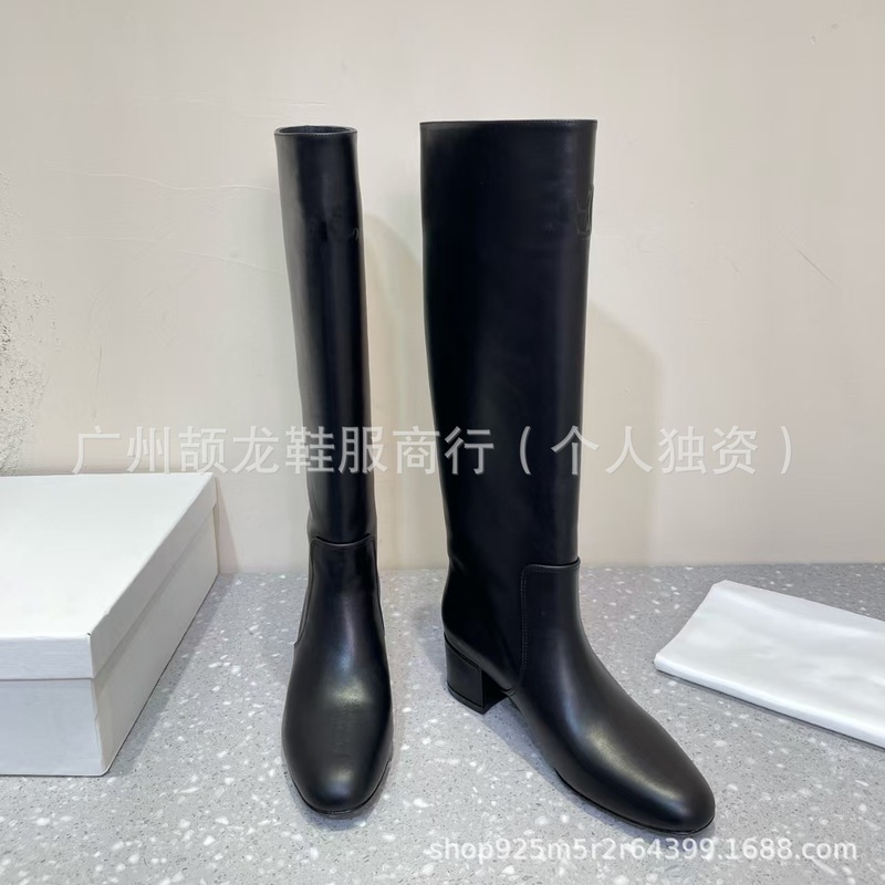 高端品质2025秋冬真皮圆头复古粗高跟显瘦不过膝长靴高筒时装靴女|undefined