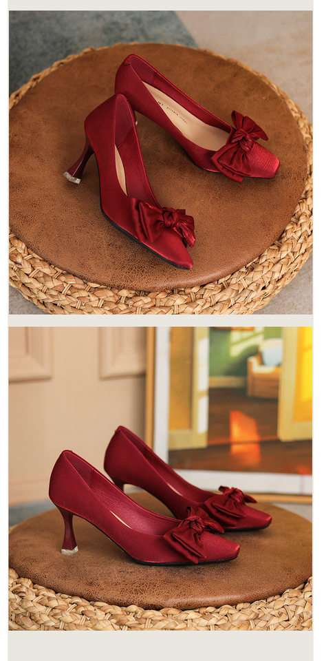 Giày cao gót nữ mũi vuông gót nhọn 6–8 cm chất liệu satin lụa tơ tằm trang trí nơ, giày cô dâu — Màu mơ, Màu đỏ chi tiết 19