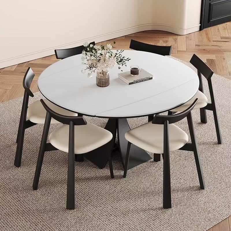 Mesa de comedor de tablero de roca retráctil redonda retro francesa, hogar blanco, apartamento pequeño, mesa de comedor de madera maciza delgada de lujo ligero italiano