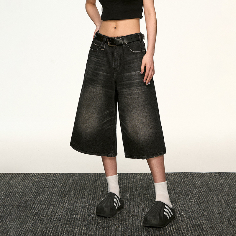 American Black Denim Cropped Pants for Men and Women 2025 Spring and Summer Loose Straight Versatile Slimming Look Wide Leg Pants Black Gray