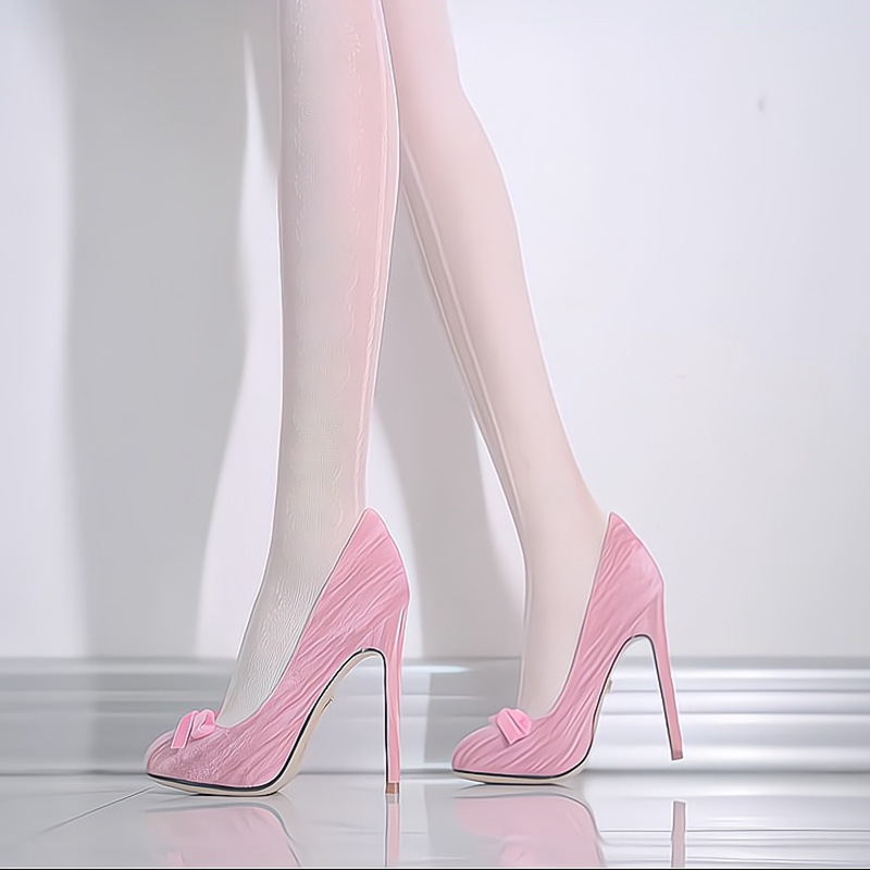 小众款粉色尖头气质高跟鞋女2025新款温柔时尚百搭蝴蝶结细跟单鞋