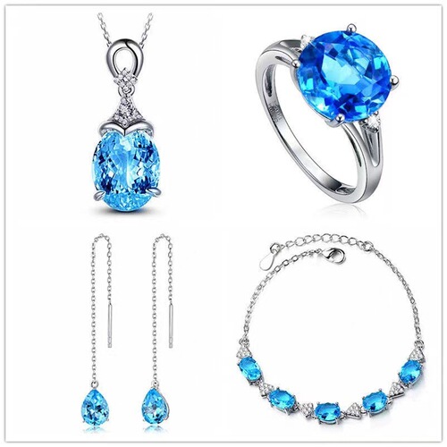 Natural-style Topaz Drip Pendant Necklace Earrings Hand Accessories Copper-plated Silver Embossed with Colorful Gems Ring Earrings for Women