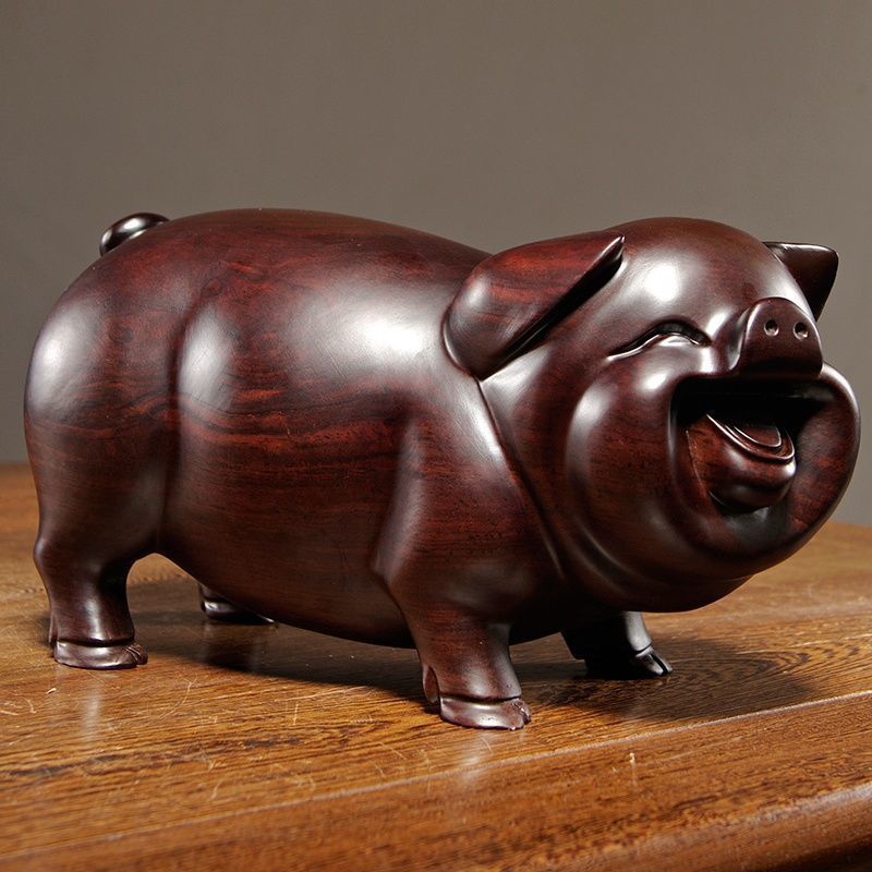 猪摆件黑檀实木质雕刻一对三合十二生肖动物家居装饰红木工艺品