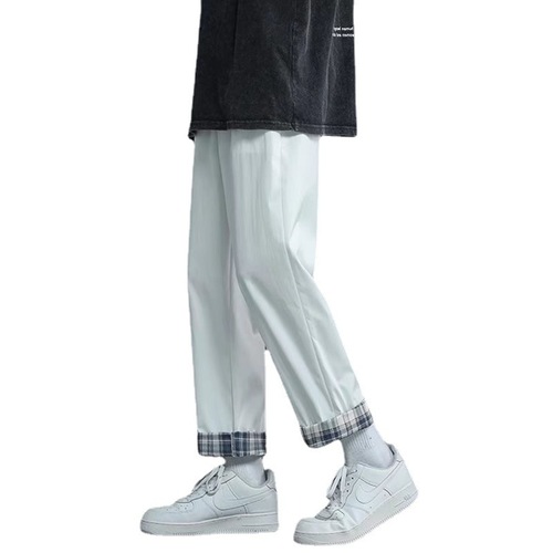Men's Hong Kong Style Ins Trendy Checkered Folded Straight Leg Nine-Foot Pants Spring and Summer Student Loose Cool Casual Pants