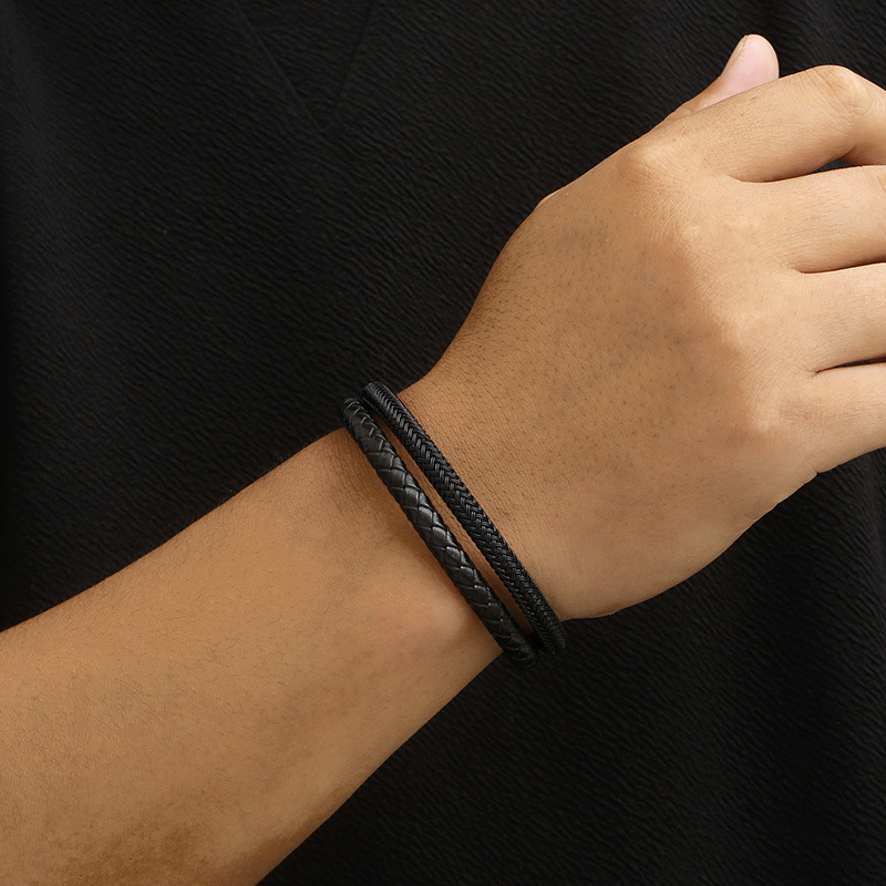 Stainless Steel, Leather rope Material Simple Style Geometric Stainless Steel Leather Rope Plating Men's Bangle Men Cord & Leather Bracelets