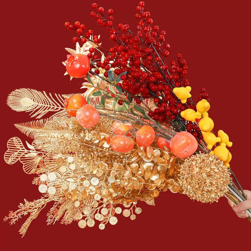 仿真花枝冬青红果金色尤加利银杏叶居家装饰福桶花店手工diy材料