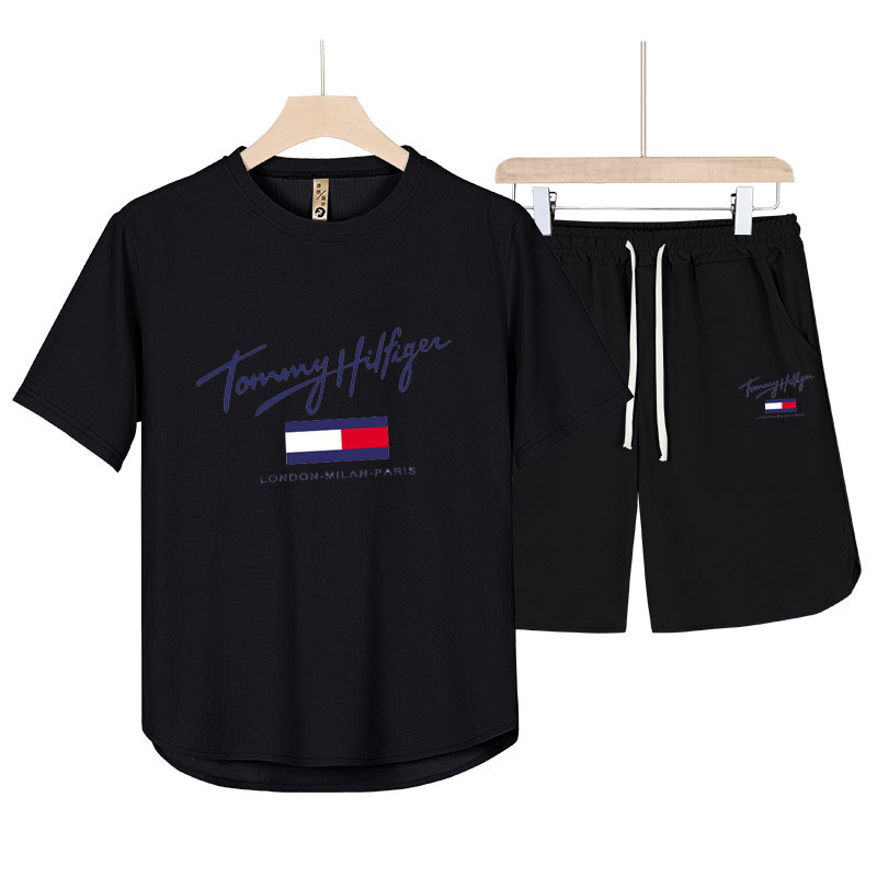 Summer Short-Sleeved Suit Men's Round Neck T-Shirt Classy Pure Color Half-Sleeved Open Pin Thin Breathable Five-Point Pants Two-Piece Set
