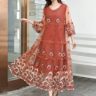 大码女装胖mm宽松连衣裙2022夏季洋气气质遮肚显瘦蕾丝裙子中长款|ru